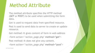 Method Attribute
The method attribute specifies the HTTP method
(GET or POST) to be used when submitting the form
data.
Get is used to request data from specified resource.
Post is used to send data to server to create or update
resource.
Get method:-It gives content of form in web address
<form action="/action_page.php" method="get">
Post method:-It does not give any content.
<form action="/action_page.php" method=“post">
6By ShreyaChougule
 