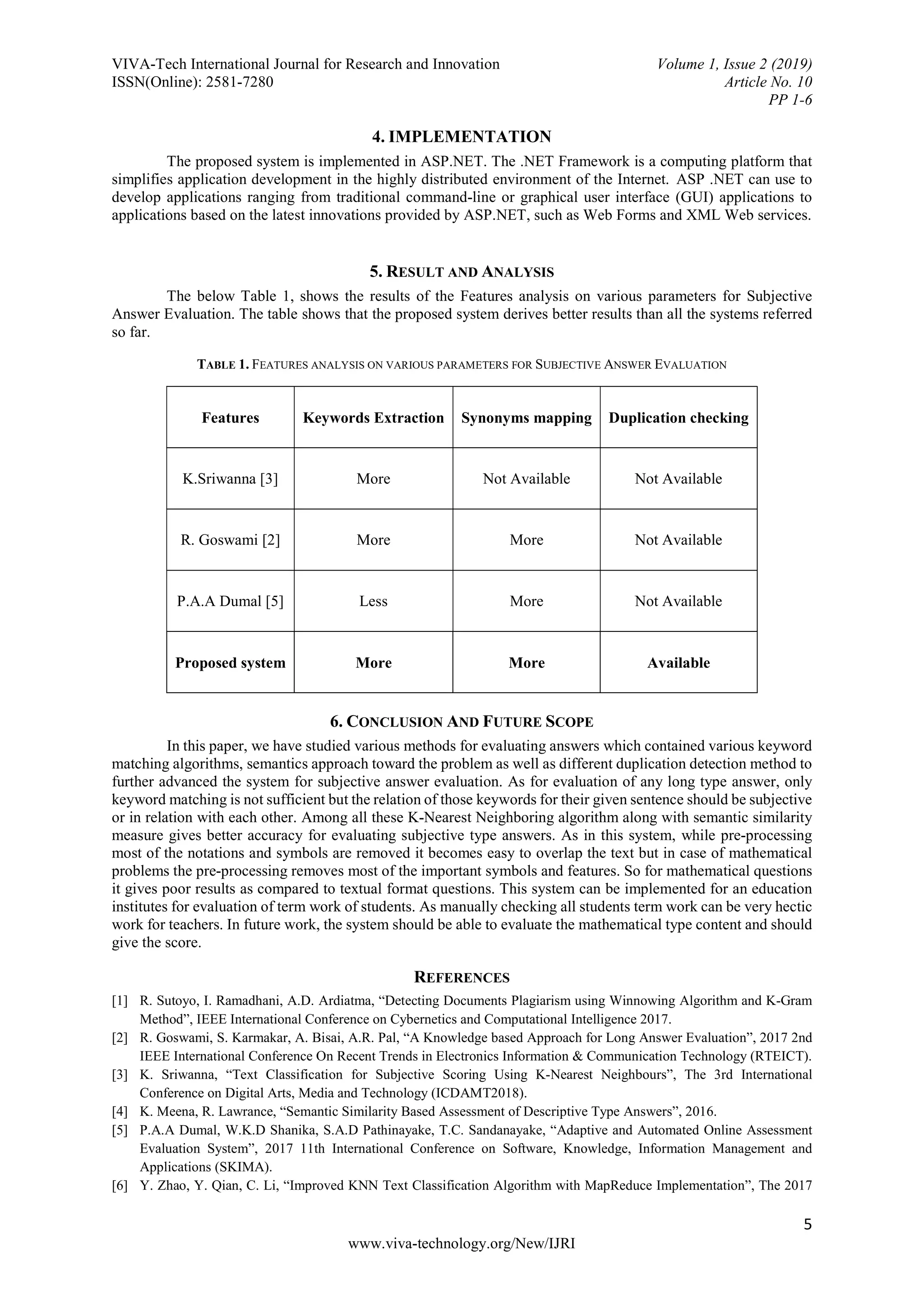 VIVA-Tech International Journal for Research and Innovation Volume 1, Issue 2 (2019)
ISSN(Online): 2581-7280 Article No. 10
PP 1-6
5
www.viva-technology.org/New/IJRI
4. IMPLEMENTATION
The proposed system is implemented in ASP.NET. The .NET Framework is a computing platform that
simplifies application development in the highly distributed environment of the Internet. ASP .NET can use to
develop applications ranging from traditional command-line or graphical user interface (GUI) applications to
applications based on the latest innovations provided by ASP.NET, such as Web Forms and XML Web services.
5. RESULT AND ANALYSIS
The below Table 1, shows the results of the Features analysis on various parameters for Subjective
Answer Evaluation. The table shows that the proposed system derives better results than all the systems referred
so far.
TABLE 1. FEATURES ANALYSIS ON VARIOUS PARAMETERS FOR SUBJECTIVE ANSWER EVALUATION
Features Keywords Extraction Synonyms mapping Duplication checking
K.Sriwanna [3] More Not Available Not Available
R. Goswami [2] More More Not Available
P.A.A Dumal [5] Less More Not Available
Proposed system More More Available
6. CONCLUSION AND FUTURE SCOPE
In this paper, we have studied various methods for evaluating answers which contained various keyword
matching algorithms, semantics approach toward the problem as well as different duplication detection method to
further advanced the system for subjective answer evaluation. As for evaluation of any long type answer, only
keyword matching is not sufficient but the relation of those keywords for their given sentence should be subjective
or in relation with each other. Among all these K-Nearest Neighboring algorithm along with semantic similarity
measure gives better accuracy for evaluating subjective type answers. As in this system, while pre-processing
most of the notations and symbols are removed it becomes easy to overlap the text but in case of mathematical
problems the pre-processing removes most of the important symbols and features. So for mathematical questions
it gives poor results as compared to textual format questions. This system can be implemented for an education
institutes for evaluation of term work of students. As manually checking all students term work can be very hectic
work for teachers. In future work, the system should be able to evaluate the mathematical type content and should
give the score.
REFERENCES
[1] R. Sutoyo, I. Ramadhani, A.D. Ardiatma, “Detecting Documents Plagiarism using Winnowing Algorithm and K-Gram
Method”, IEEE International Conference on Cybernetics and Computational Intelligence 2017.
[2] R. Goswami, S. Karmakar, A. Bisai, A.R. Pal, “A Knowledge based Approach for Long Answer Evaluation”, 2017 2nd
IEEE International Conference On Recent Trends in Electronics Information & Communication Technology (RTEICT).
[3] K. Sriwanna, “Text Classification for Subjective Scoring Using K-Nearest Neighbours”, The 3rd International
Conference on Digital Arts, Media and Technology (ICDAMT2018).
[4] K. Meena, R. Lawrance, “Semantic Similarity Based Assessment of Descriptive Type Answers”, 2016.
[5] P.A.A Dumal, W.K.D Shanika, S.A.D Pathinayake, T.C. Sandanayake, “Adaptive and Automated Online Assessment
Evaluation System”, 2017 11th International Conference on Software, Knowledge, Information Management and
Applications (SKIMA).
[6] Y. Zhao, Y. Qian, C. Li, “Improved KNN Text Classification Algorithm with MapReduce Implementation”, The 2017
 