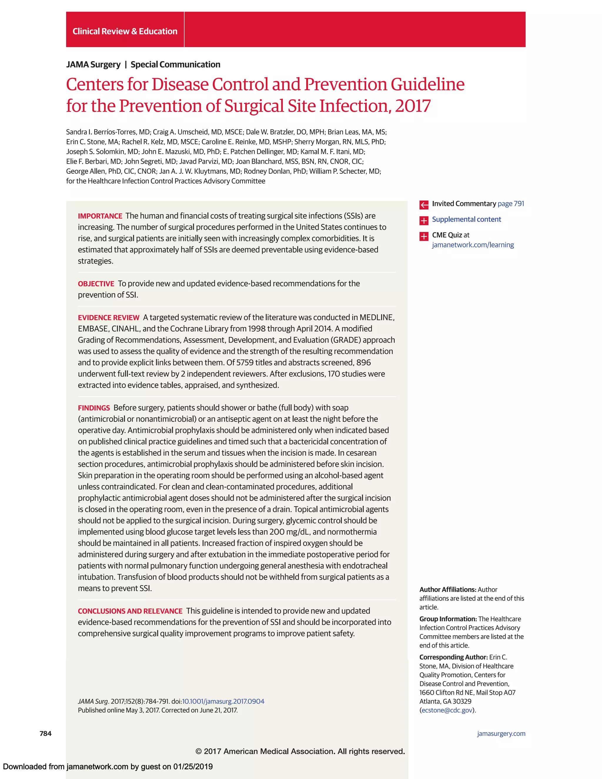 Guideline for the Prevention of Surgical Site Infection, 2017 | PDF
