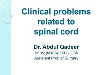 Clinical problems
related to
spinal cord
Dr. Abdul Qadeer
MBBS; (MRCS); FCPS; FICS
Assistant Prof. of Surgery
 