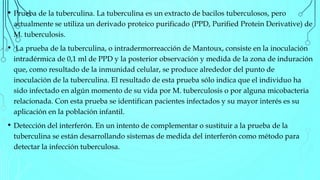 • Prueba de la tuberculina. La tuberculina es un extracto de bacilos tuberculosos, pero
actualmente se utiliza un derivado proteico purificado (PPD, Purified Protein Derivative) de
M. tuberculosis.
• La prueba de la tuberculina, o intradermorreacción de Mantoux, consiste en la inoculación
intradérmica de 0,1 ml de PPD y la posterior observación y medida de la zona de induración
que, como resultado de la inmunidad celular, se produce alrededor del punto de
inoculación de la tuberculina. El resultado de esta prueba sólo indica que el individuo ha
sido infectado en algún momento de su vida por M. tuberculosis o por alguna micobacteria
relacionada. Con esta prueba se identifican pacientes infectados y su mayor interés es su
aplicación en la población infantil.
• Detección del interferón. En un intento de complementar o sustituir a la prueba de la
tuberculina se están desarrollando sistemas de medida del interferón como método para
detectar la infección tuberculosa.
 