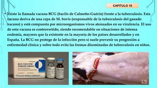 • Existe la llamada vacuna BCG (bacilo de Calmette-Guérin) frente a la tuberculosis. Esta
vacuna deriva de una cepa de M. bovis (responsable de la tuberculosis del ganado
vacuno) y está compuesta por microorganismos vivos atenuados en su virulencia. El uso
de esta vacuna es controvertido, siendo recomendable en situaciones de intensa
endemia, mayores que la existente en la mayoría de los países desarrollados y en
España. La BCG no protege de la infección pero sí suele prevenir su progresión a
enfermedad clínica y sobre todo evita las formas diseminadas de tuberculosis en niños.
CAPITULO 16
 