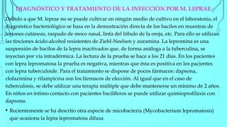 DIAGNÓSTICO Y TRATAMIENTO DE LA INFECCIÓN POR M. LEPRAE
Debido a que M. leprae no se puede cultivar en ningún medio de cultivo en el laboratorio, el
diagnóstico bacteriológico se basa en la demostración directa de los bacilos en muestras de
lesiones cutáneas, raspado de moco nasal, linfa del lóbulo de la oreja, etc. Para ello se utilizan
las tinciones ácido-alcohol resistentes de Ziehl-Neelsen y auramina. La lepromina es una
suspensión de bacilos de la lepra inactivados que, de forma análoga a la tuberculina, se
inyectan por vía intradérmica. La lectura de la prueba se hace a los 21 días. En los pacientes
con lepra lepromatosa la prueba es negativa, mientras que ésta es positiva en los pacientes
con lepra tuberculoide. Para el tratamiento se dispone de pocos fármacos: dapsona,
clofazimina y rifampicina son los fármacos de elección. Al igual que en el caso de
tuberculosis, se debe utilizar una terapia múltiple que debe mantenerse un mínimo de 2 años.
En niños en íntimo contacto con pacientes bacilíferos se puede utilizar quimioprofilaxis con
dapsona.
• Recientemente se ha descrito otra especie de micobacteria (Mycobacterium lepromatosis)
que ocasiona la lepra lepromatosa difusa
 