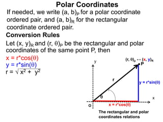 Polar Coordinates
Conversion Rules
Let (x, y)R and (r, )P be the rectangular and polar
coordinates of the same point P, then
P
x
y

r
O x = r*cos()
y = r*sin()
The rectangular and polar
coordinates relations
x = r*cos()
y = r*sin()
r = √ x2 + y2
If needed, we write (a, b)P for a polar coordinate
ordered pair, and (a, b)R for the rectangular
coordinate ordered pair.
(r, )p ↔ (x, y)R
 