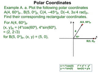 Polar Coordinates
Example A. a. Plot the following polar coordinates
A(4, 60o)P , B(5, 0o)P, C(4, –45o)P, D(–4, 3π/4 rad)P.
Find their corresponding rectangular coordinates.
For A(4, 60o)P
x = r*cos()
y = r*sin()
for B(5, 0o)P, (x, y) = (5, 0),
r2 = x2 + y2
tan() = y/x
x
y
60o
4
A(4, 60o)P
B(5, 0)P
(x, y)R = (4*cos(60⁰), 4*sin(60⁰),
= (2, 23)
 