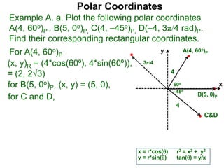 Polar Coordinates
Example A. a. Plot the following polar coordinates
A(4, 60o)P , B(5, 0o)P, C(4, –45o)P, D(–4, 3π/4 rad)P.
Find their corresponding rectangular coordinates.
x
y
60o
4
For A(4, 60o)P
x = r*cos()
y = r*sin()
for B(5, 0o)P, (x, y) = (5, 0),
for C and D,
A(4, 60o)P
B(5, 0)P
4
r2 = x2 + y2
tan() = y/x
–45o
3π/4
C&D
(x, y)R = (4*cos(60⁰), 4*sin(60⁰)),
= (2, 23)
 