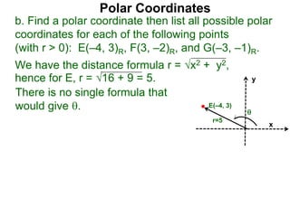 Polar Coordinates
b. Find a polar coordinate then list all possible polar
coordinates for each of the following points
(with r > 0): E(–4, 3)R, F(3, –2)R, and G(–3, –1)R.
There is no single formula that
would give .
We have the distance formula r = x2 + y2,
hence for E, r = 16 + 9 = 5.
x
y
E(–4, 3)
r=5

 