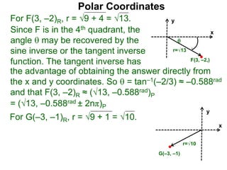Polar Coordinates
For F(3, –2)R, r = 9 + 4 = √13.
x
y
F(3, –2,)

r=√13
Since F is in the 4th quadrant, the
angle  may be recovered by the
sine inverse or the tangent inverse
function. The tangent inverse has
= (√13, –0.588rad ± 2nπ)P
For G(–3, –1)R, r = 9 + 1 = √10.
x
y
G(–3, –1)
r=√10
the advantage of obtaining the answer directly from
the x and y coordinates. So  = tan–1(–2/3) ≈ –0.588rad
and that F(3, –2)R ≈ (√13, –0.588rad)P
 