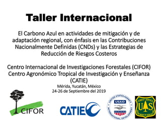 Taller Internacional
El Carbono Azul en actividades de mitigación y de
adaptación regional, con énfasis en las Contribuciones
Nacionalmente Definidas (CNDs) y las Estrategias de
Reducción de Riesgos Costeros
Centro Internacional de Investigaciones Forestales (CIFOR)
Centro Agronómico Tropical de Investigación y Enseñanza
(CATIE)
Mérida, Yucatán, México
24-26 de Septiembre del 2019
 