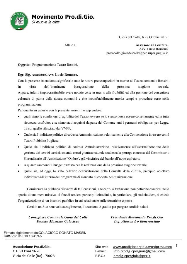 Teatro Rossini lettera richiesta informazioni