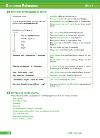 THAT’S ENGLISH!124
Grammar Reference
EXPRESSING REASSURANCE5
REVIEW OF EXPRESSIONS OF ADVICE4
Imperative forms:
To give more emphasis, you can start the
sentence with whatever you do.
Consider taking a training course.
Do take your friends’ advice into consideration.
Whatever you do, try to keep things in perspective.
Whatever you do, don’t apply for any more credit
cards.
Modal verbs and have to:
STRONG
have to / need to / must
should / ought to
could
may
might
MILD
You have to be patient in these situations.
You must / need to be honest with yourself.
Parents should / ought to be supportive.
We shouldn’t jump to conclusions here.
She could try to limit the number of credit cards
she has.
He may find a self-help book useful.
They might want to consult a psychologist.
Subject + had / ’d better (not) + infinitive You’d better do something about it before it’s too
late.
She’d better not start ordering things on the
Internet.
If I were you, I would / ’d + infinitive If I were you, I’d start sorting out what is really
important and what you can throw away.
How / What about + -ing?
Why don’t you + infinitive?
How / What about writing a list with all your options?
Why don’t you ask a friend to help you?
The sooner + subject + verb, the better The sooner you start, the better.
Have you thought of / considered + -ing? Have you thought of / considered hiring a professional
to help you?
Unit 1
Here are some useful expressions to comfort people when they are feeling worried:
Don’t worry.
You’ll be all right.
Come on.
Cheer up.
It’s probably not as bad as you think.
I’m sure everything will be / turn out all right (in the end).
You’ll / It’ll be fine.
There’s no need to worry.
It isn’t as bad as all that.
 