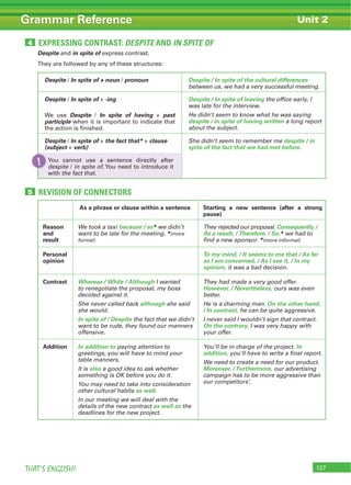 127THAT’S ENGLISH!
Grammar Reference
Despite and in spite of express contrast.
They are followed by any of these structures:
Despite / In spite of + noun / pronoun Despite / In spite of the cultural differences
between us, we had a very successful meeting.
Despite / In spite of + -ing
We use Despite / In spite of having + past
participle when it is important to indicate that
the action is finished.
Despite / In spite of leaving the office early, I
was late for the interview.
He didn’t seem to know what he was saying
despite / in spite of having written a long report
about the subject.
Despite / In spite of + the fact that* + clause
(subject + verb)
She didn’t seem to remember me despite / in
spite of the fact that we had met before.
You cannot use a sentence directly after
despite / in spite of. You need to introduce it
with the fact that.
As a phrase or clause within a sentence Starting a new sentence (after a strong
pause)
Reason
and
result
We took a taxi because / as* we didn’t
want to be late for the meeting. *(more
formal)
They rejected our proposal. Consequently, /
As a result, / Therefore, / So,* we had to
find a new sponsor. *(more informal)
Personal
opinion
To my mind, / It seems to me that / As far
as I am concerned, / As I see it, / In my
opinion, it was a bad decision.
Contrast Whereas / While / Although I wanted
to renegotiate the proposal, my boss
decided against it.
She never called back although she said
she would.
In spite of / Despite the fact that we didn’t
want to be rude, they found our manners
offensive.
They had made a very good offer.
However, / Nevertheless, ours was even
better.
He is a charming man. On the other hand,
/ In contrast, he can be quite aggressive.
I never said I wouldn’t sign that contract.
On the contrary, I was very happy with
your offer.
Addition In addition to paying attention to
greetings, you will have to mind your
table manners.
It is also a good idea to ask whether
something is OK before you do it.
You may need to take into consideration
other cultural habits as well.
In our meeting we will deal with the
details of the new contract as well as the
deadlines for the new project.
You’ll be in charge of the project. In
addition, you’ll have to write a final report.
We need to create a need for our product.
Moreover, / Furthermore, our advertising
campaign has to be more aggressive than
our competitors’.
EXPRESSING CONTRAST: DESPITE AND IN SPITE OF4
REVISION OF CONNECTORS5
!
Unit 2
 