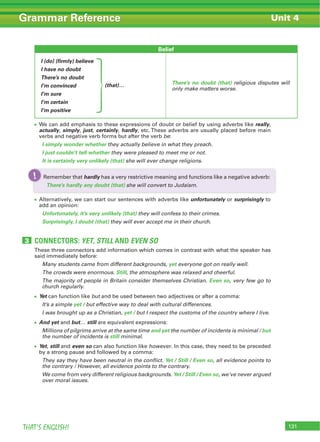 131THAT’S ENGLISH!
Grammar Reference
CONNECTORS: YET, STILL AND EVEN SO3
We can add emphasis to these expressions of doubt or belief by using adverbs like really,
actually, simply, just, certainly, hardly, etc. These adverbs are usually placed before main
verbs and negative verb forms but after the verb be:
I simply wonder whether they actually believe in what they preach.
I just couldn’t tell whether they were pleased to meet me or not.
It is certainly very unlikely (that) she will ever change religions.
Alternatively, we can start our sentences with adverbs like unfortunately or surprisingly to
add an opinion:
Unfortunately, it’s very unlikely (that) they will confess to their crimes.
Surprisingly, I doubt (that) they will ever accept me in their church.
These three connectors add information which comes in contrast with what the speaker has
said immediately before:
Many students came from different backgrounds, yet everyone got on really well.
The crowds were enormous. Still, the atmosphere was relaxed and cheerful.
The majority of people in Britain consider themselves Christian. Even so, very few go to
church regularly.
Yet can function like but and be used between two adjectives or after a comma:
It’s a simple yet / but effective way to deal with cultural differences.
I was brought up as a Christian, yet / but I respect the customs of the country where I live.
And yet and but… still are equivalent expressions:
Millions of pilgrims arrive at the same time and yet the number of incidents is minimal / but
the number of incidents is still minimal.
Yet, still and even so can also function like however. In this case, they need to be preceded
by a strong pause and followed by a comma:
They say they have been neutral in the conflict. Yet / Still / Even so, all evidence points to
the contrary / However, all evidence points to the contrary.
We come from very different religious backgrounds. Yet / Still / Even so, we've never argued
over moral issues.
Unit 4
Remember that hardly has a very restrictive meaning and functions like a negative adverb:
There’s hardly any doubt (that) she will convert to Judaism.
Remember that!
Belief
I (do) (firmly) believe
I have no doubt
There’s no doubt
I’m convinced
I’m sure
I’m certain
I’m positive
There’s no doubt (that) religious disputes will
only make matters worse.
(that)…
 