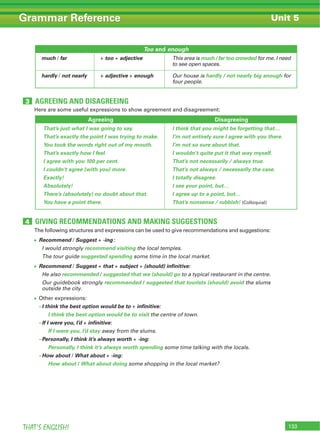 133THAT’S ENGLISH!
Grammar Reference
Here are some useful expressions to show agreement and disagreement:
The following structures and expressions can be used to give recommendations and suggestions:
Recommend / Suggest + -ing:
I would strongly recommend visiting the local temples.
The tour guide suggested spending some time in the local market.
Recommend / Suggest + that + subject + (should) infinitive:
He also recommended / suggested that we (should) go to a typical restaurant in the centre.
Our guidebook strongly recommended / suggested that tourists (should) avoid the slums
outside the city.
Other expressions:
–I think the best option would be to + infinitive:
I think the best option would be to visit the centre of town.
–If I were you, I’d + infinitive:
If I were you, I’d stay away from the slums.
–Personally, I think it’s always worth + -ing:
Personally, I think it’s always worth spending some time talking with the locals.
–How about / What about + -ing:
How about / What about doing some shopping in the local market?
Too and enough
much / far + too + adjective This area is much / far too crowded for me. I need
to see open spaces.
hardly / not nearly + adjective + enough Our house is hardly / not nearly big enough for
four people.
Agreeing Disagreeing
That’s just what I was going to say.
That’s exactly the point I was trying to make.
You took the words right out of my mouth.
That’s exactly how I feel.
I agree with you 100 per cent.
I couldn't agree (with you) more.
Exactly!
Absolutely!
There’s (absolutely) no doubt about that.
You have a point there.
I think that you might be forgetting that…
I’m not entirely sure I agree with you there.
I’m not so sure about that.
I wouldn’t quite put it that way myself.
That’s not necessarily / always true.
That’s not always / necessarily the case.
I totally disagree.
I see your point, but…
I agree up to a point, but…
That’s nonsense / rubbish! (Colloquial)
AGREEING AND DISAGREEING3
GIVING RECOMMENDATIONS AND MAKING SUGGESTIONS4
Unit 5
 