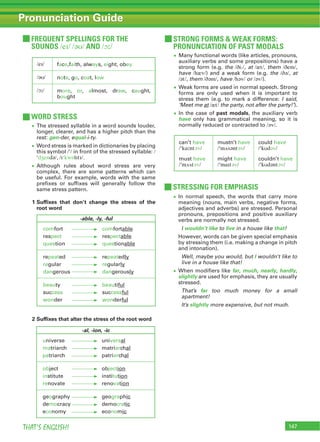 147THAT’S ENGLISH!
Pronunciation Guide
WORD STRESS
STRONG FORMS & WEAK FORMS:
PRONUNCIATION OF PAST MODALS
/eɪ/ face,faith, always, eight, obey
/əʊ/ note, go, coat, low
/ɔː/ more, or, almost, draw, caught,
bought
can’t have
/ˈkɑːntəv/
must have
/ˈmʌstəv/
mustn’t have
/ˈmʌsəntəv/
might have
/ˈmaɪtəv/
could have
/ˈkʊdəv/
couldn’t have
/ˈkʊdəntəv/
The stressed syllable in a word sounds louder,
longer, clearer, and has a higher pitch than the
rest: gen-der, equal-i-ty.
Word stress is marked in dictionaries by placing
this symbol /ˈ/ in front of the stressed syllable: /
ˈdʒendə/, /ɪˈkwɒlɪtɪ/.
Although rules about word stress are very
complex, there are some patterns which can
be useful. For example, words with the same
prefixes or suffixes will generally follow the
same stress pattern.
1 Suffixes that don’t change the stress of the
root word
2 Suffixes that alter the stress of the root word
-able, -ly, -ful
comfort
respect
question
comfortable
respectable
questionable
repeated
regular
dangerous
repeatedly
regularly
dangerously
beauty
success
wonder
beautiful
successful
wonderful
-al, -ion, -ic
universe
matriarch
patriarch
universal
matriarchal
patriarchal
object
institute
renovate
objection
institution
renovation
geography
democracy
economy
geographic
democratic
economic
FREQUENT SPELLINGS FOR THE
SOUNDS /eɪ/ /əʊ/ AND /ɔː/
STRESSING FOR EMPHASIS
Many functional words (like articles, pronouns,
auxiliary verbs and some prepositions) have a
strong form (e.g. the /ði:/, at /æt/, them /ðem/,
have /hæv/) and a weak form (e.g. the /ðə/, at
/ət/, them /ðəm/, have /həv/ or /əv/).
Weak forms are used in normal speech. Strong
forms are only used when it is important to
stress them (e.g. to mark a difference: I said,
‘Meet me at /æt/ the party, not after the party!’).
In the case of past modals, the auxiliary verb
have only has grammatical meaning, so it is
normally reduced or contracted to /əv/.
In normal speech, the words that carry more
meaning (nouns, main verbs, negative forms,
adjectives and adverbs) are stressed. Personal
pronouns, prepositions and positive auxiliary
verbs are normally not stressed.
I wouldn’t like to live in a house like that!
However, words can be given special emphasis
by stressing them (i.e. making a change in pitch
and intonation).
Well, maybe you would, but I wouldn’t like to
live in a house like that!
When modifiers like far, much, nearly, hardly,
slightly are used for emphasis, they are usually
stressed.
That’s far too much money for a small
apartment!
It’s slightly more expensive, but not much.
 