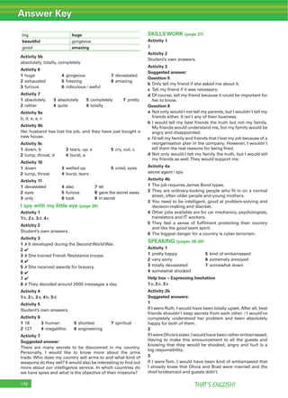 Answer Key
THAT’S ENGLISH!170
big huge
beautiful gorgeous
good amazing
Activity 5b
absolutely, totally, completely
Activity 6
1 huge 4 gorgeous 7 devastated
2 exhausted 5 freezing 8 amazing
3 furious 6 ridiculous / awful
Activity 7
1 absolutely 3 absolutely 5 completely 7 pretty
2 rather 4 quite 6 totally
Activity 9a
b, d, e, a, c
Activity 9b
Her husband has lost his job, and they have just bought a
new house.
Activity 9c
1 down, b 3 tears, up, e 5 cry, out, c
2 lump, throat, d 4 burst, a
Activity 10
1 down 3 welled up 5 cried, eyes
2 lump, throat 4 burst, tears
Activity 11
1 devastated 4 also 7 let
2 eyes 5 furious 8 gave the secret away
3 only 6 took 9 in secret
I spy with my little eye (page 36)
Activity 1
1b, 2a, 3d, 4c
Activity 2
Student’s own answers.
Activity 3
1 7 It developed during the Second World War.
2 4
3 7 She trained French Resistance troops.
4 4
5 7 She received awards for bravery.
6 4
7 4
8 7 They decoded around 2000 messages a day.
Activity 4
1e, 2c, 3a, 4b, 5d
Activity 5
Student’s own answers.
Activity 6
1 18 3 human 5 shortest 7 spiritual
2 127 4 megalithic 6 engineering
Activity 7
Suggested answer:
There are many secrets to be discovered in my country.
Personally, I would like to know more about the arms
trade. Who does my country sell arms to and what kind of
weapons do they sell? It would also be interesting to ﬁnd out
more about our intelligence service. In which countries do
we have spies and what is the objective of their missions?
SKILLS WORK (page 37)
Activity 1
2
Activity 2
Student’s own answers.
Activity 3
Suggested answer:
Question 5
b Only tell my friend if she asked me about it.
c Tell my friend if it was necessary.
d Of course, tell my friend because it could be important for
her to know.
Question 6
a Not only would I not tell my parents, but I wouldn’t tell my
friends either. It isn’t any of their business.
b I would tell my best friends the truth but not my family.
My friends would understand me, but my family would be
angry and disappointed.
c I’d tell my family and friends that I lost my job because of a
reorganisation plan in the company. However, I wouldn’t
tell them the real reasons for being ﬁred.
d Not only would I tell my family the truth, but I would tell
my friends as well.They would support me.
Activity 4a
secret agent / spy
Activity 4b
1 The job requires James Bond types.
2 They are ordinary-looking people who ﬁt in on a normal
street, often older people and young mothers.
3 You need to be intelligent, good at problem-solving and
decision-making and discreet.
4 Other jobs available are for car mechanics, psychologists,
translators and IT workers.
5 They feel a sense of fulﬁlment protecting their country
and like the good team spirit.
6 The biggest danger for a country is cyber terrorism.
SPEAKING (pages 38-39)
Activity 1
1 pretty happy 5 kind of embarrassed
2 very sorry 6 extremely annoyed
3 totally devastated 7 somewhat down
4 somewhat shocked
Help box – Expressing hesitation
1a, 2a, 3a
Activity 2b
Suggested answers:
1
If I were Ruth, I would have been totally upset. After all, best
friends shouldn’t keep secrets from each other. / I would’ve
completely understood her problem and been absolutely
happy for both of them.
2
IfIwereOlivia’ssister,Iwouldhavebeenratherembarrassed.
Having to make this announcement to all the guests and
knowing that they would be shocked, angry and hurt is a
big responsibility.
3
If I were Tom, I would have been kind of embarrassed that
I already knew that Olivia and Brad were married and the
chief bridesmaid and guests didn’t.
 