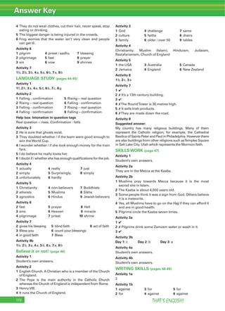 Answer Key
THAT’S ENGLISH!172
4 They do not wear clothes, cut their hair, never speak, stop
eating or drinking.
5 The biggest danger is being injured in the crowds.
6 Frog worries that the water isn’t very clean and people
can get ill.
Activity 6
1 pilgrim 4 priest / sadhu 7 blessing
2 pilgrimage 5 fast 8 prayer
3 sin 6 vow 9 shrines
Activity 7
1b, 2b, 3b, 4a, 5a, 6b, 7a, 8b
LANGUAGE STUDY (pages 44-45)
Activity 1
1f, 2h, 3a, 4e, 5d, 6b, 7c, 8g
Activity 2
1 Falling - conﬁrmation 5 Rising – real question
2 Rising – real question 6 Falling - conﬁrmation
3 Falling - conﬁrmation 7 Rising – real question
4 Falling - conﬁrmation 8 Falling – conﬁrmation
Help box: Intonation in question tags
Real question – rises. Conﬁrmation - falls
Activity 3
2 He is sure that ghosts exist.
3 They doubted whether / if the team were good enough to
win the World Cup.
4 I wonder whether / if she took enough money for the train
fare.
5 I do believe he really loves her.
6 I doubt if / whether she has enough qualiﬁcations for the job.
Activity 4
1 actually 4 really 7 just
2 simply 5 Surprisingly, 8 simply
3 unfortunately 6 hardly
Activity 5
1 Christianity 4 non-believers 7 Buddhists
2 atheists 5 Muslims 8 Sikhs
3 agnostics 6 Hindus 9 Jewish believers
Activity 6
2 fast 5 prayer 8 Hell
3 sins 6 Heaven 9 miracle
4 pilgrimage 7 priest 10 shrine
Activity 7
2 gives his blessing 5 blind faith 8 act of faith
3 Bless you 6 count your blessings
4 in good faith 7 Bless
Activity 8b
1b, 2b, 3a, 4a, 5b, 6a, 7a, 8b
Believe it or not! (page 46)
Activity 1
Student’s own answers.
Activity 2
1 English Church. A Christian who is a member of the Church
of England.
2 The Pope is the main authority in the Catholic Church
whereas the Church of England is independent from Rome.
3 Henry VIII.
4 It runs the Church of England.
Activity 3
1 God 4 challenge 7 same
2 culture 5 faiths 8 chairs
3 family 6 older / over 50 9 tables
Activity 4
Christianity, Muslim (Islam), Hinduism, Judaism,
Rastafarianism, Church of England
Activity 5
1 the USA 3 Australia 5 Canada
2 Jamaica 4 England 6 New Zealand
Activity 6
1b, 2c, 3a
Activity 7
1 4
2 7 It’s a 13th century building.
3 4
4 7The RoundTower is 30 metres high.
5 7 It sells Irish products.
6 7They are made down the road.
Activity 8
Suggested answer:
My country has many religious buildings. Many of them
represent the Catholic religion, for example, the Cathedral
Basilica of Saints Peter and Paul in Philadelphia. However there
are also buildings from other religions such asTemples Square
in Salt Lake City, Utah which represents the Mormon faith.
SKILLS WORK (page 47)
Activity 1
Student’s own answers.
Activity 2a
They are in the Mecca at the Kaaba.
Activity 2b
1 Muslims pray towards Mecca because it is the most
sacred site in Islam.
2 The Kaaba is about 4,000 years old.
3 Some people think it was a sign from God. Others believe
it is a meteorite.
4 Yes, all Muslims have to go on the Hajj if they can afford it
and are in good health.
5 Pilgrims circle the Kaaba seven times.
Activity 3a
1 4
2 7 Pilgrims drink some Zamzam water or wash in it.
3 4
Activity 3b
Day 1: c Day 2: b Day 3: a
Activity 4a
Student’s own answers.
Activity 4b
Student’s own answers.
WRITING SKILLS (pages 48-49)
Activity 1a
2
Activity 1b
1 against 3 for 5 for
2 for 4 against 6 against
 