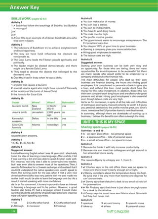Answer Key
THAT’S ENGLISH!174
SKILLS WORK (pages 52-53)
Activity 1
1 7 Buddhists follow the teachings of Buddha, but Buddha
is not a god.
2 4
3 4
4 7 Ösel Hita is an example of aTibetan Buddhist Lama who
was born in Spain.
Activity 2
1 The followers of Buddhism try to achieve enlightenment
and true happiness.
2 The way we have lived inﬂuences the creature we
reincarnate as.
3 The Dalai Lama leads the Tibetan people spiritually and
politically.
4 The leader might be elected democratically and there
might be a female Dalai Lama.
5 They need to choose the objects that belonged to the
deceased lama.
6 Ösel Hita lived in India when he was a child.
Activity 3a
1 a bomb that causes a tsunami
2 a secret service agent who might have injured JF Kennedy
4 the location of the tomb of Jesus Christ
5 the formula for Coca-Cola
Activity 3b
Secret Where? When? Believable?
tsunami bomb New
Zealand
in World
War II
yes
Jesus’s tomb Jerusalem 2,000 years
ago
no
Kennedy’s
assassin
Dallas in the 60s yes
Coca-Cola
formula
Atlanta nowadays yes
Activity 4
Student’s own answers.
Activity 5
1b, 2a, 3f, 4c, 5d, 6e
Activity 6
Suggested answer:
I started learning English when I was 14 years old. I absolutely
loved the idea of learning a new language. After a while, I felt
I was learning a lot and was able to speak English quite well.
For instance, not only was I able to understand my teacher,
but I was even able to answer most of her questions.Then, I
went to Milwaukee for a 3-week exchange and realised that I
couldn’t understand the native speakers nor could I speak to
them. The turning point for me was when I met a very nice
American friend who was very patient with me and made me
realise that I would be able to learn the language one day.As a
result, I started speaking with more conﬁdence.
As far as I’m concerned, it is very important to have an interest
in learning a language and to be patient. However, a good
teacher also helps. If I had a language school, I would make
sure that students got plenty of speaking practice and organise
trips to English-speaking countries.
Activity 7
1 yet 3 On the other hand 5 On the other hand
2 Although 4 moreover 6 However
Activity 8
a You can make a lot of money.
b You can lose a lot too.
a You can be independent.
b You have to work long hours.
b The risks may be high.
a The proﬁts may be greater.
a The government wants to encourage entrepreneurs. The
EU provides loans too.
b You devote 100% of your time to your business.
a Owning a company gives you more satisfaction.
a Hiring good employees is essential.
b The labour costs are high.
Activity 9
Suggested answer:
Starting your own business can be both very risky and
an opportunity. For those who are daring, there are many
opportunities for an entrepreneur to be successful.Yet, there
are many people who would prefer to be employed by a
company and not take the ﬁnancial risk.
The main difﬁculties for people who start up their own
business are ﬁnancial backing, the hours and ﬁnding good
employees. It is complicated to persuade a bank to give you
a loan, and without this loan, most people don’t have the
money for the initial investment. In addition, those who run
their own company work long hours and are often under great
pressure and stress. Hiring good employees is also essential
even though labour costs are very high.
As far as I’m concerned, in spite of all the risks and difﬁculties
of starting up a company, it would certainly be worth it. It gives
you personal satisfaction, the proﬁts may be great, and what’s
more, nowadays the EU provides loans to new businesses.
In summary, although there are drawbacks of starting up a
business, I believe the beneﬁts can often outweigh the risks.
UNIT 5. THIS IS MY SPACE
Sharing space (pages 54-55)
Activities 1a and 1b
1 b – an open-plan ofﬁce – no personal space
2 c – a spacious ofﬁce – lots of personal space
3 a – a small airless ofﬁce – no space to move
Activity 2
1 Because he thinks it will help increase productivity.
2 Because she can meet her colleagues and get around in
her wheelchair more easily.
Activity 3
The reasons Danny is unhappy are: 1, 3 and 5
Activity 4
1 4 Charles says in the old ofﬁce there was no space to
move and there wasn’t nearly enough air or light.
2 7 Danny complains about the temperature being too high.
He says that if it’s any more than twenty-one degrees he
can’t concentrate.
3 4 Danny says that Malcolm’s desk is too small to hold all
his possessions.
4 4 Mr Finchley says that there is just about enough space
for a desk by the window.
5 7 Danny says he must have sent Maria about 50 emails
but they had never met.
Activity 5
1 spacious 3 airy and roomy 5 space to move
2 takes up 4 airless 6 personal space
 