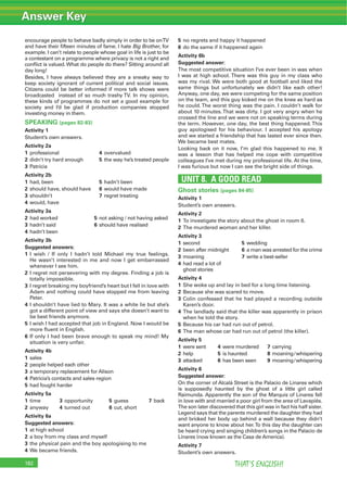 Answer Key
THAT’S ENGLISH!182
encourage people to behave badly simply in order to be onTV
and have their ﬁfteen minutes of fame. I hate Big Brother, for
example. I can’t relate to people whose goal in life is just to be
a contestant on a programme where privacy is not a right and
conﬂict is valued.What do people do there? Sitting around all
day long!
Besides, I have always believed they are a sneaky way to
keep society ignorant of current political and social issues.
Citizens could be better informed if more talk shows were
broadcasted instead of so much trashy TV. In my opinion,
these kinds of programmes do not set a good example for
society and I’d be glad if production companies stopped
investing money in them.
SPEAKING (pages 82-83)
Activity 1
Student’s own answers.
Activity 2a
1 professional 4 overvalued
2 didn’t try hard enough 5 the way he’s treated people
3 Patricia
Activity 2b
1 had, been 5 hadn’t been
2 should have, should have 6 would have made
3 shouldn’t 7 regret treating
4 would, have
Activity 3a
2 had worked 5 not asking / not having asked
3 hadn’t said 6 should have realised
4 hadn’t been
Activity 3b
Suggested answers:
1 I wish / If only I hadn’t told Michael my true feelings.
He wasn’t interested in me and now I get embarrassed
whenever I see him.
2 I regret not persevering with my degree. Finding a job is
totally impossible.
3 I regret breaking my boyfriend’s heart but I fell in love with
Adam and nothing could have stopped me from leaving
Peter.
4 I shouldn’t have lied to Mary. It was a white lie but she’s
got a different point of view and says she doesn’t want to
be best friends anymore.
5 I wish I had accepted that job in England. Now I would be
more ﬂuent in English.
6 If only I had been brave enough to speak my mind! My
situation is very unfair.
Activity 4b
1 sales
2 people helped each other
3 a temporary replacement for Alison
4 Patricia’s contacts and sales region
5 had fought harder
Activity 5a
1 time 3 opportunity 5 guess 7 back
2 anyway 4 turned out 6 cut, short
Activity 6a
Suggested answers:
1 at high school
2 a boy from my class and myself
3 the physical pain and the boy apologising to me
4 We became friends.
5 no regrets and happy it happened
6 do the same if it happened again
Activity 6b
Suggested answer:
The most competitive situation I’ve ever been in was when
I was at high school. There was this guy in my class who
was my rival. We were both good at football and liked the
same things but unfortunately we didn’t like each other!
Anyway, one day, we were competing for the same position
on the team, and this guy kicked me on the knee as hard as
he could. The worst thing was the pain. I couldn’t walk for
about 10 minutes.That was dirty. I got very angry when he
crossed the line and we were not on speaking terms during
the term. However, one day, the best thing happened.This
guy apologised for his behaviour. I accepted his apology
and we started a friendship that has lasted ever since then.
We became best mates.
Looking back on it now, I’m glad this happened to me. It
was a lesson that has helped me cope with competitive
colleagues I’ve met during my professional life. At the time,
I was furious but now I can see the bright side of things.
UNIT 8. A GOOD READ
Ghost stories (pages 84-85)
Activity 1
Student’s own answers.
Activity 2
1 To investigate the story about the ghost in room 6.
2 The murdered woman and her killer.
Activity 3
1 second 5 wedding
2 been after midnight 6 a man was arrested for the crime
3 moaning 7 write a best-seller
4 had read a lot of
ghost stories
Activity 4
1 She woke up and lay in bed for a long time listening.
2 Because she was scared to move.
3 Colin confessed that he had played a recording outside
Karen’s door.
4 The landlady said that the killer was apparently in prison
when he told the story.
5 Because his car had run out of petrol.
6 The man whose car had run out of petrol (the killer).
Activity 5
1 were sent 4 were murdered 7 carrying
2 help 5 is haunted 8 moaning/whispering
3 attacked 6 has been seen 9 moaning/whispering
Activity 6
Suggested answer:
On the corner of Alcalá Street is the Palacio de Linares which
is supposedly haunted by the ghost of a little girl called
Raimunda. Apparently the son of the Marquis of Linares fell
in love with and married a poor girl from the area of Lavapiés.
The son later discovered that this girl was in fact his half sister.
Legend says that the parents murdered the daughter they had
and bricked her body up behind a wall because they didn’t
want anyone to know about her.To this day the daughter can
be heard crying and singing children’s songs in the Palacio de
Linares (now known as the Casa de America).
Activity 7
Student’s own answers.
 