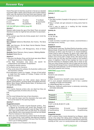 Answer Key
THAT’S ENGLISH!184
friend.They told me that they would be in the bar so I decided
to go there.After a while, I got to the bar, and I couldn’t believe
what I saw. My boyfriend and best friend were kissing! I had
not only lost my job, but my best friend and boyfriend as well.
Activity 7
1 autobiographies 4 author 7 hardback
2 cover 5 royalty 8 paperbacks
3 best-seller 6 publishers 9 blurb
Let me tell you a story (page 90)
Activity 1
Nobody really knows the age of the Giant.There are several
theories as to why he might be here and when he was drawn.
Activity 2
6 The woman says that she thinks people don’t mind the
giant at all.
Activity 3
New Zealand: Katherine Mansﬁeld, Keri Hulme, The Bone
People
USA: Jack Kerouac, On the Road, Harriet Beecher Stowe,
UncleTom’s Cabin
Canada: Alice Munro, L.M. Montgomery, Anne of Green
Gables
Australia: Banjo Peterson, Henry Lawson, Waltzing Matilda
Scotland: Robert Burns
Activity 4
1 She won the Booker Prize and the book was about Maori
and European culture in New Zealand.
2 The Beat Generation was about the search for
independence and freedom of expression.
3 It helped to abolish slavery.
4 The Nobel prize for literature.
5 They wrote about the outlaws, the Australian settlers and
the Australian outback.
6 He dedicated a poem to a haggis. (A type of food which
is made from the insides of a sheep, it tastes a bit like
Spanish morcilla.)
Activity 5
The following authors are Irish: James Joyce, Samuel
Beckett , Edna O’Brien, Jonathan Swift, OscarWilde, Brendan
Behan, Bram Stoker, William ButlerYeats, JP Donleavy and
George Bernard Shaw.
Activity 6
1 7 It mainly features writers who are dead but they are
collecting portraits of writers who are living.
2 4
3 4
4 7The novel follows the lives of two characters.
5 7 He used the tower (and the characters that were with
him) as the basis for the opening chapter.
Activity 7
Suggested answers:
A: I can think of a number of great Spanish writers. One
is Miguel de Cervantes who wrote Don Quixote* and
another is the great playwright Lope de Vega.There are
also many great writers who are still alive, for example
Javier Marías, who many people think will win the Nobel
Prize for Literature in the near future.
B: Have you read contemporary poetry? It’s by far the best.
In my spare time, I love reading José Manuel Caballero
Bonald’s lines while drinking a hot cup of tea.You should
have a go at reading poetry!
* English speakers know El Quijote as Don Quixote.
SKILLS WORK (page 91)
Activity 1
1
Activity 2
1 The ideal number of people in the group is a maximum of
12 people.
2 Keep it simple and get everyone to bring some food to
share.
3 Find a way to agree on a reading list that includes
suggestions from everyone.
Activity 3a
4
Activity 3b
1c, 2a, 3b, 4b
Activity 3c
it made me think, I couldn’t put it down, unconventional, a
real page-turner, moving
Activity 4
Suggested answer:
The last book I read was The BookThief by Australian author
Markus Zusak. I’d seen the ﬁlm and found it very moving and
emotional, so when I saw the book in an airport bookshop,
I knew I had to read it! Anyway, it’s about a girl, Liesel, who
lives in Nazi Germany during the WW II era. She has lost her
brother and is living with a foster family. She doesn’t know
how to read, but one day, she ﬁnds a book on her brother’s
grave. A neighbour friend of hers teaches her how to read
and she becomes an obsessive reader. But in times of war,
there are many threats and the lives of Liesel and her family
and friends will change forever. I would deﬁnitely recommend
reading this book because it is full of historical facts and the
plot is both powerful and moving.
WRITING (pages 92-93)
Activity 1
Student’s own answers.
Activity 2
1 Bilbo: reluctant hero; Gandalf: a wise, elusive wizard
2 It is pure escapist entertainment and it has a positive
message of loyalty and friendship.
3 A MostWanted Man is a thriller.
4 Seymour Hoffman’s performance is extremely convincing
and totally believable.
Activity 3
The Hobbit
Paragraph 1 b, d, f, g
Paragraph 2 a, h
Paragraph 3 b, c, e
Activity 4
1f, 2f / b, 3f, 4b, 5f, 6f, 7f / b, 8b
Activity 5
1 disappointing 3 crucial 5 complicated
2 heartbreaking 4 unconvincing 6 spellbinding
Activity 6c
Suggested answer:
Lucy, a science ﬁction movie directed by Luc Besson, starts
out as a fun action ﬁlm taking place in Taiwan. Its futuristic
settingandboxofﬁcefavouriteactorsmaketheﬁlmextremely
exciting at ﬁrst. Lucy is a young woman who is kidnapped
 