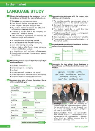 24 THAT’S ENGLISH!
In the market
24
LANGUAGE STUDY
1
2
3b
4b
4a
3a
Population
Main business
activity
Finland
Saudi
Arabia
apologise remember don’t be
don’t expect don’t interrupt don’t feel
should call should try be
mustn’t show don’t have to make
Match the beginnings of the sentences (1-6) to
the endings (a-f) to tell the story of a business.
1 set up
2
3
4
sell out
5
6
a rip off
b close down
c
d
take over
e break even
f
1 c
Match the phrasal verbs in bold from activity 1
to the deﬁnitions.
1 set up
2
3
4
5
6
Complete the table of word formation. Use a
dictionary to help you.
Complete the sentences with the correct form
of the word in brackets.
1
2
3
4
5
6
Listen to a talk about Finnish and Saudi business
culture. Complete the table.
Complete the tips about doing business in
Saudi Arabia and Finland with the words from
the box.
Review of word formation
15
Noun Verb Adjective
compete
2…
3…
4…
5…
6…
7…
…
…
…
FINLAND
Meetings: Don’t be
2 3
Communication:
4
5
 