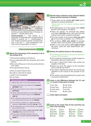 25THAT’S ENGLISH!
UNIT 2
7
8a
8b
6
5 Match the beginnings of the sentences (1-4) to
the endings (a-d).
1
2
3
4
a
b
c
d
Rewrite these sentences using reduced relative
clauses and the structure in brackets.
1 who need
Those seats are for people needing special
assistance.
2 which
is
3
who live
4 who you must
go
5 which was aimed
6 who ought to lead
Reduce the relative clauses in the sentences.
1 The Managing Director is the person who is in
charge of the company.
2
3
4
5
6
Listen to the differences between the /b/ and
/v/ sound in these pairs of words.
1 5
2 6
3 7
4 8
Listen again and repeat.
Listen to the words.Tick (4) the word they say
ﬁrst in the recording.
1 5
2 6
3 7
4 8
Review of giving instructions
16
17
16
SAUDI ARABIA
Meetings: 6
7
Communication:
Reduced relative clauses
▶Match the rules (1-4) to the sentences (a-d).
1 Verbs in the active voice reduce to the present
participle (-ing).
2 Verbs in the passive voice reduce to the past
participle.
3 Verbs containing have to (or equivalent verbs,
like should or must) reduce to an inﬁnitive
with to.
4 The relative pronoun and the verb be followed
by a prepositional phrase can be omitted.
a This ancient company is a Japanese family
business, (which was) originally set up in 597.
b The employees are in the meeting room (which
is) on the ﬁrst ﬂoor.
c The Shitennoji temple, (which still stands) still
standing today, was their ﬁrst job.
d If you want a Buddhist temple, they are
deﬁnitely the people (who you should) to
speak to.
page 126
Pronunciation Guide
 
