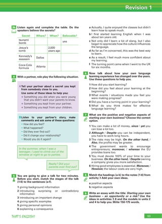53THAT’S ENGLISH!
Revision 1
Listen again and complete the table. Do the
speakers believe the secrets?
a
b
c
d
e
f
Now talk about how your own language
learning experience has changed over the years.
Use these questions to help you.
1
2
3
4
5
What are the positive and negative aspects of
starting your own business? Choose the correct
option.
1 since yet
2 Although Despite
3 On the other hand,
Also
4
moreover, whereas
5
On the other hand, Despite
6 Moreover,
However,
Match the headings (a-b) to the notes (1-6) from
activity 7. Add your own ideas.
a
b
Write an essay with the title: Starting your own
business – an opportunity or a risk? Use the
ideas in activities 7, 8 and the models in units 2
and 4 to help you.Write 150-175 words.
With a partner, role play the following situation.
You are going to give a talk for two minutes.
Before you start, match the stages of the talk
(1-6) to the sentences (a-f).
1
2
3
4
5
6
3b
7
6
4
5
44
Secret Where? When? Believable?
ATell your partner about a secret you kept
from somebody close to you.
Use some of these ideas to help you:
Something you did when you were young
that you didn’t want your parents to know.
Something you kept from your partner.
Something you kept from your children.
BListen to your partner’s story, make
comments and ask some of these questions:
— How did you feel?
— What happened?
— Did they ever find out?
— Did it change your relationship?
— Would you do it again?
In the summer, when I was a
teenager, I used to climb out of the
window at night to go to parties.
Really? Did your
parents ever ﬁnd out?
9
8
 