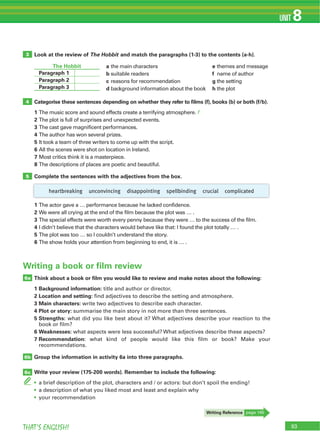 93THAT’S ENGLISH!
UNIT 8
Categorise these sentences depending on whether they refer to ﬁlms (f), books (b) or both (f/b).
1 The music score and sound effects create a terrifying atmosphere. f
2 The plot is full of surprises and unexpected events.
3 The cast gave magnificent performances.
4 The author has won several prizes.
5 It took a team of three writers to come up with the script.
6 All the scenes were shot on location in Ireland.
7 Most critics think it is a masterpiece.
8 The descriptions of places are poetic and beautiful.
Complete the sentences with the adjectives from the box.
1 The actor gave a … performance because he lacked confidence.
2 We were all crying at the end of the film because the plot was … .
3 The special effects were worth every penny because they were … to the success of the film.
4 I didn’t believe that the characters would behave like that: I found the plot totally … .
5 The plot was too … so I couldn’t understand the story.
6 The show holds your attention from beginning to end, it is … .
4
5
Writing Reference page 145
Look at the review of The Hobbit and match the paragraphs (1-3) to the contents (a-h).
a the main characters
b suitable readers
c reasons for recommendation
d background information about the book
e themes and message
f name of author
g the setting
h the plot
3
The Hobbit
Paragraph 1
Paragraph 2
Paragraph 3
heartbreaking unconvincing disappointing spellbinding crucial complicated
6a
6b
6c
Writing a book or film review
Think about a book or ﬁlm you would like to review and make notes about the following:
1 Background information: title and author or director.
2 Location and setting: find adjectives to describe the setting and atmosphere.
3 Main characters: write two adjectives to describe each character.
4 Plot or story: summarise the main story in not more than three sentences.
5 Strengths: what did you like best about it? What adjectives describe your reaction to the
book or film?
6 Weaknesses: what aspects were less successful? What adjectives describe these aspects?
7 Recommendation: what kind of people would like this film or book? Make your
recommendations.
Group the information in activity 6a into three paragraphs.
Write your review (175-200 words). Remember to include the following:
a brief description of the plot, characters and / or actors: but don’t spoil the ending!
a description of what you liked most and least and explain why
your recommendation
 