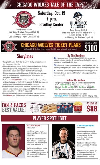 CHICAGO WOLVES TALE OF THE TAPE
Saturday, Oct. 19
7 p.m.
Bradley Center
Team Record: 2-3-0-0
Last Game: 3-5 L vs. Rockford (Oct. 18)
Season Series: 0-0-0-0
Last Meeting: 0-2 Home Loss (April 20)

Team Record: 2-0-1-0
Last Game: 3-2 W at Grand Rapids (Oct. 18)
Season Series: 0-0-0-0
Last Meeting: 2-0 Road Win (April 20)

Storylines
•	 Tonight’s tilt marks the first of 12 Amtrak Rivalry contests between
the Wolves and Admirals.
•	 Milwaukee won the Amtrak Rivalry last season by winning 10 of the
12 matchups against Chicago; it marked the first time in four
seasons the Wolves failed to earn the Amtrak Rivalry Trophy.
•	 Chicago was outscored by Milwaukee 43-33 in the series last year,
with the Wolves bagging just 23 markers in the 10 games they
dropped to the Admirals.
• 	Defenseman EVAN OBERG had a hand in all three Chicago tallies
and matched a career-high with three points (G, 2A) Friday night; his
multiple-point outing was his first since March 16, 2012.
• 	The Wolves have been outshot in three of their five games this
season, which includes being outgunned 40-22 on Friday; Chicago
also was outshot 14-3 in Friday’s first period.
• 	Chicago bagged its first short-handed strike of the season Friday
night (Bolduc); the Wolves scored just five shorties last season.

By The Numbers

24 - Number of goals center ALEXANDRE BOLDUC scored last

season, a career-high; the 28-year-old forward tallied his first as a
member of the Wolves Friday night.

	

14 - Number of consecutive power-plays the Wolves have killed off
spanning three games; the team is 20 of 22 on the penalty kill this year.

	

6 - Number of consecutive games the Wolves have dropped to the
Admirals; Chicago scored just 11 markers in those games, while
surrendering 20.

Follow The Action

Tonight’s game begins at 7 p.m. and can be seen on The
U-Too (WCIU-DT 26.2). U-Too also can be found on
	 XFinity’s Chs. 248 and 360, RCN’s Ch. 35 and WOW’s Ch.
170. The game can also be streamed on www.ahllive.com.
Those away from a TV or computer can follow
@Chicago_Wolves on Twitter for live in-game play-by-play.

PLAYER SPOTLIGHT
#27 EVAN OBERG

#2 ANTHONY BITETTO

Evan Oberg bagged a team
season-high 3 points (G, 2A) on
Friday night.

Milwaukee captain Anthony
Bitetto scored twice, including
the game-winner, in the
Admirals 3-2 win at Grand
Rapids Friday night.

Defenseman

The 25-year-old’s three-point
effort matched a career-high
and was his first multiple-point
game since March 16, 2012.
The Forestburg, Alberta, native
dished out nine assists and
accrued 20 penalty minutes in 56
AHL games with the Syracuse
Crunch last season.

Defenseman

The 23-year-old blueliner has
earned 3 points (2G, A) in three
games this season.
The Oceanside, N.Y., native spilt
his rookie season last year
between Milwaukee and the
ECHL’s Cincinnati Cyclones.

 