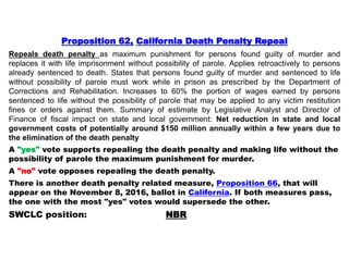 Proposition 62, California Death Penalty Repeal
Repeals death penalty as maximum punishment for persons found guilty of murder and
replaces it with life imprisonment without possibility of parole. Applies retroactively to persons
already sentenced to death. States that persons found guilty of murder and sentenced to life
without possibility of parole must work while in prison as prescribed by the Department of
Corrections and Rehabilitation. Increases to 60% the portion of wages earned by persons
sentenced to life without the possibility of parole that may be applied to any victim restitution
fines or orders against them. Summary of estimate by Legislative Analyst and Director of
Finance of fiscal impact on state and local government: Net reduction in state and local
government costs of potentially around $150 million annually within a few years due to
the elimination of the death penalty
A "yes" vote supports repealing the death penalty and making life without the
possibility of parole the maximum punishment for murder.
A "no" vote opposes repealing the death penalty.
There is another death penalty related measure, Proposition 66, that will
appear on the November 8, 2016, ballot in California. If both measures pass,
the one with the most "yes" votes would supersede the other.
SWCLC position: NBR
 