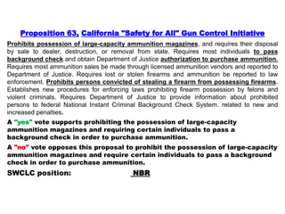 Proposition 63, California "Safety for All" Gun Control Initiative
Prohibits possession of large-capacity ammunition magazines, and requires their disposal
by sale to dealer, destruction, or removal from state. Requires most individuals to pass
background check and obtain Department of Justice authorization to purchase ammunition.
Requires most ammunition sales be made through licensed ammunition vendors and reported to
Department of Justice. Requires lost or stolen firearms and ammunition be reported to law
enforcement. Prohibits persons convicted of stealing a firearm from possessing firearms.
Establishes new procedures for enforcing laws prohibiting firearm possession by felons and
violent criminals. Requires Department of Justice to provide information about prohibited
persons to federal National Instant Criminal Background Check System. related to new and
increased penalties.
A "yes" vote supports prohibiting the possession of large-capacity
ammunition magazines and requiring certain individuals to pass a
background check in order to purchase ammunition.
A "no" vote opposes this proposal to prohibit the possession of large-capacity
ammunition magazines and require certain individuals to pass a background
check in order to purchase ammunition.
SWCLC position: NBR
 