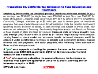 Proposition 55, California Tax Extension to Fund Education and
Healthcare
Extends by twelve years the temporary personal income tax increases enacted in 2012
on earnings over $250,000 (for single filers; over $500,000 for joint filers; over $340,000 for
heads of household). Allocates these tax revenues 89% to K-12 schools and 11% to California
Community Colleges. Allocates up to $2 billion per year in certain years for healthcare
programs. Bars use of education revenues for administrative costs, but provides local school
governing boards discretion to decide, in open meetings and subject to annual audit, how
revenues are to be spent. Summary of estimate by Legislative Analyst and Director of Finance
of fiscal impact on state and local government: Increased state revenues annually from
2019 through 2030—likely in the $5 billion to $11 billion range initially—with amounts
varying based on stock market and economic trends. Increased revenues would be
allocated under constitutional formulas to schools and community colleges, budget
reserves and debt payments, and health programs, with remaining funds available for
these or other state purposes.
A "yes" vote supports extending the personal income tax increases on
incomes over $250,000 approved in 2012 for 12 years in order to fund
education and healthcare.
A "no" vote opposes extending the personal income tax increases on
incomes over $250,000 approved in 2012 for 12 years, allowing the tax
increase to expire in 2019.
SWCLC position: OPPOSE
 
