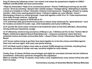 Prop 57 deems the following crimes ‘non-violent’ and makes the perpetrators eligible for EARLY
PAROLE and RELEASE into local communities:
​• Rape by intoxication • Rape of an unconscious person • Human Trafficking involving sex act with
minors • Drive-by shooting • Assault with a deadly weapon • Hostage taking • Attempting to explode
a bomb at a hospital or school • Domestic violence involving trauma • Supplying a firearm to a gang
member • Hate crime causing physical injury • Failing to register as a sex offender • Arson •
Discharging a firearm on school grounds • Lewd acts against a child 14 or 15 • False imprisonment
of an elder through violence. *partial list
​Here are five more reasons to VOTE NO on 57:
​1) 57 authorizes state government bureaucrats to reduce many sentences for “good behavior,” even
for inmates convicted of murder, rape, child molestation and human trafficking.
2) 57 permits the worst career criminals to be treated the same as first-time offenders, discounting
strong sentences imposed by a judge.
3) ‘57 effectively overturns key provisions of Marsy’s Law, ‘3-Strikes and You’re Out,’ Victims’ Bill of
Rights, Californians Against Sexual Exploitation Act – measures enacted by voters that have
protected victims and made communities Safer’—Susan Fisher, Former Chairwoman State Parole
Board
4) 57 forces victims trying to put their lives back together to re-live the crimes committed against
them over and over again, with every new parole hearing.
5) 57 will likely result in higher crime rates as at least 16,000 dangerous criminals, including those
previously convicted of murder and rape, would be eligible for early release.
​Finally, Prop. 57 places all these new privileges and rights for convicted criminals into the California
Constitution, where they cannot be changed by the Legislature.
​Make no mistake. If Prop. 57 passes, every home, every neighborhood, every school will be less safe
than it is today.
Commentary courtesy of Assembly Member Melissa Melendez
 