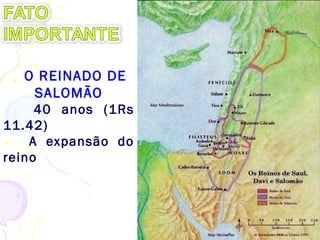 DESTAQUES DE SALOMÃO
Houve grande progresso material, e a população
duplicara, já eram 800 000. 4.20
Salomão tomara medidas impopulares para
enfrentar suas despesas cada vez maiores.
Recorreu ao trabalho obrigatório (9.15), e
necessitado de dinheiro deu 20 cidades ao rei de
Tiro. 9.11-13
Ebam, Abba. A História do Povo de Israel. Tradução de Alexandre Lissovsky. 3ª ed. R. J. Bloch Editora, 1975.
Suas estratégias de conquista: pressão do exército,
e casamentos com as filhas dos reis vizinhos (3.1),
mesmo contrariando a ordem de Deus (11.2).
1 REIS1 REIS
 