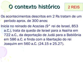 Passados 15 anos da morte de Jeroboão II, quatro
de seus sucessores foram assassinados.
Decorridos mais 15 anos, Israel desaparece,
Samária é incendiada e ocupada por uma
etnia mista, os samaritanos, (17.24).
Os israelitas são deportados para a Assíria (17.23),
O reino de Judá durará
mais 136 anos, pois o rei
Ezequias conduz a nação
nos caminhos de Deus.
 
