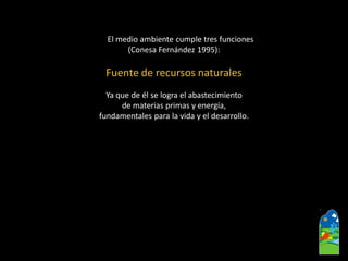 El medio ambiente cumple tres funciones 
(ConesaFernández 1995): 
Fuente de recursos naturales 
Ya que de él se logra el abastecimiento 
de materias primas y energía, 
fundamentales para la vida y el desarrollo.  
