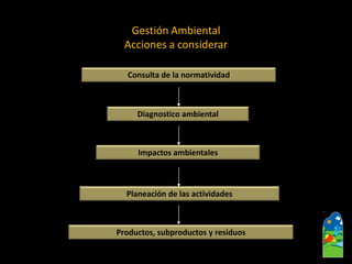 Gestión Ambiental 
Accionesa considerar 
Consulta de la normatividad 
Diagnostico ambiental 
Impactos ambientales 
Planeación de las actividades 
Productos, subproductos y residuos  