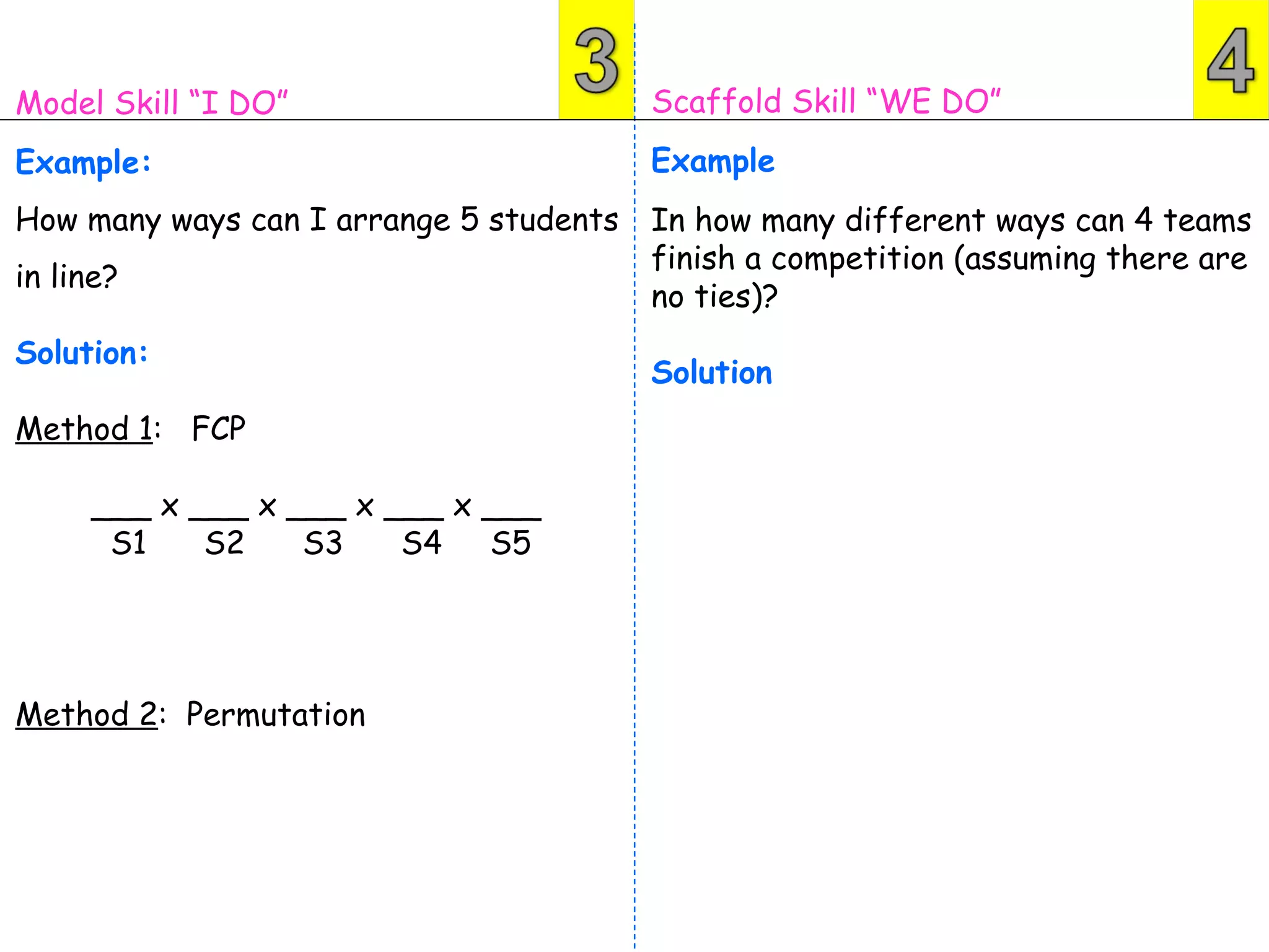 Model Skill “I DO”                       Scaffold Skill “WE DO”
Example:                                 Example
How many ways can I arrange 5 students   In how many different ways can 4 teams
                                         finish a competition (assuming there are
in line?
                                         no ties)?
Solution:
                                         Solution
Method 1: FCP

     ___ x ___ x ___ x ___ x ___
      S1    S2    S3    S4   S5




Method 2: Permutation
 