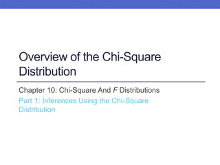 Overview of the Chi-Square
Distribution
Chapter 10: Chi-Square And F Distributions
Part 1: Inferences Using the Chi-Square
Distribution
 