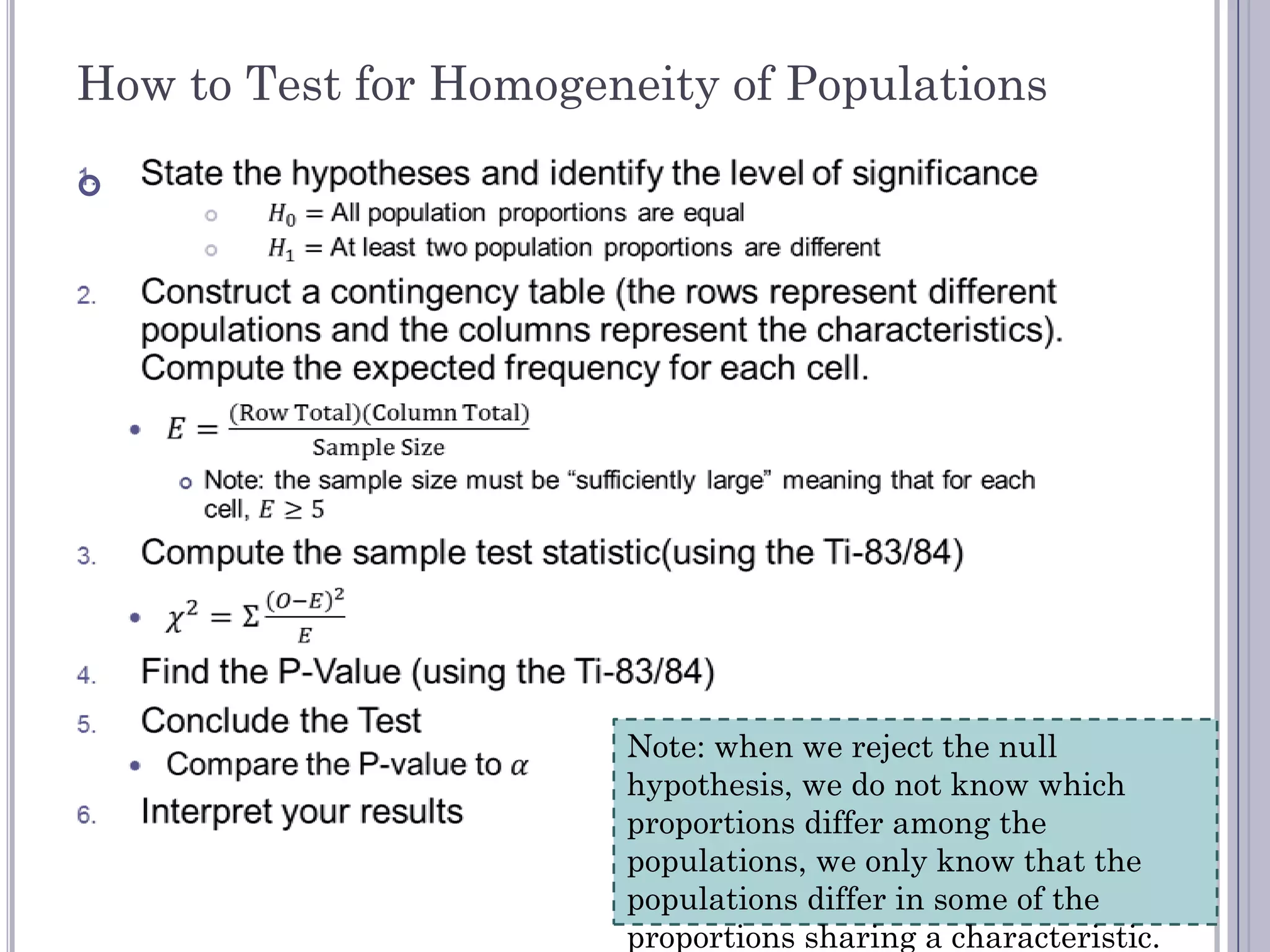 How to Test for Homogeneity of Populations






                       Note: when we reject the null
                       hypothesis, we do not know which
                       proportions differ among the
                       populations, we only know that the
                       populations differ in some of the
                       proportions sharing a characteristic.
 