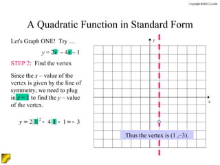 Let's Graph ONE!  Try … y  = 2 x 2  – 4 x  – 1 STEP 2 :  Find the vertex A Quadratic Function in Standard Form Thus the vertex is (1 ,–3). Since the  x  – value of the vertex is given by the line of symmetry, we need to plug in  x  = 1 to find the  y  – value of the vertex. y x 