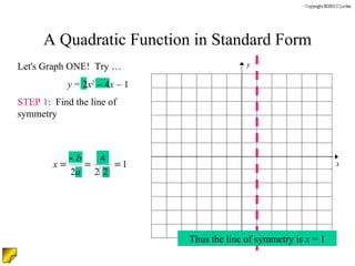 STEP 1 :  Find the line of symmetry Let's Graph ONE!  Try … y  = 2 x 2  – 4 x  – 1 A Quadratic Function in Standard Form Thus the line of symmetry is  x  = 1 y x 