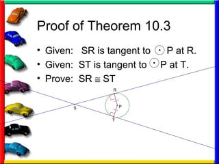 Proof of Theorem 10.3
• Given: SR is tangent to P at R.
• Given: ST is tangent to P at T.
• Prove: SR ≅ ST
S P
T
R
 
