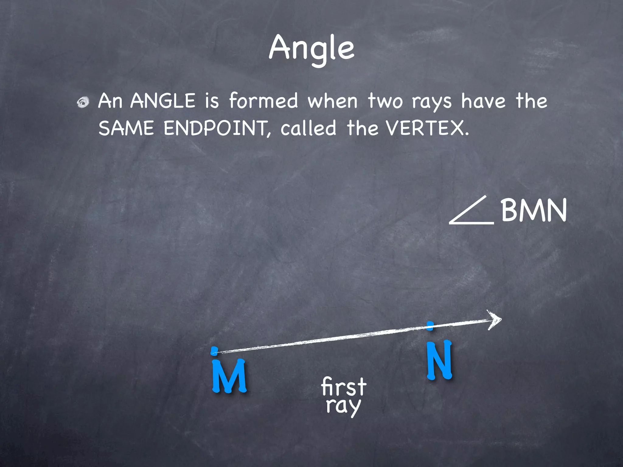 Angle
An ANGLE is formed when two rays have the
SAME ENDPOINT, called the VERTEX.


                                    BMN



          .                  .
          M         ﬁrst
                             N
                    ray
 