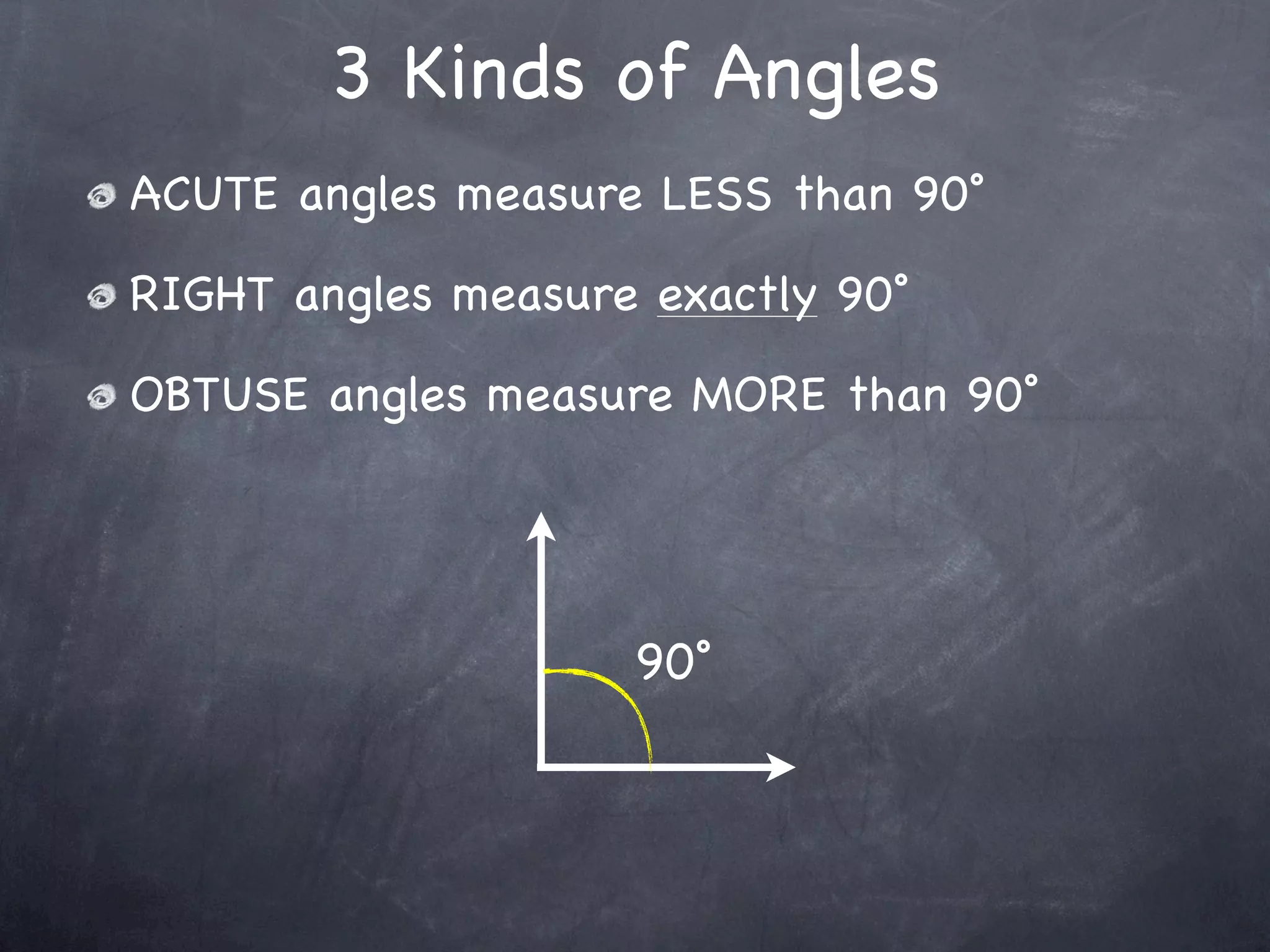 3 Kinds of Angles
ACUTE angles measure LESS than 90˚

RIGHT angles measure exactly 90˚

OBTUSE angles measure MORE than 90˚




                    90˚
 