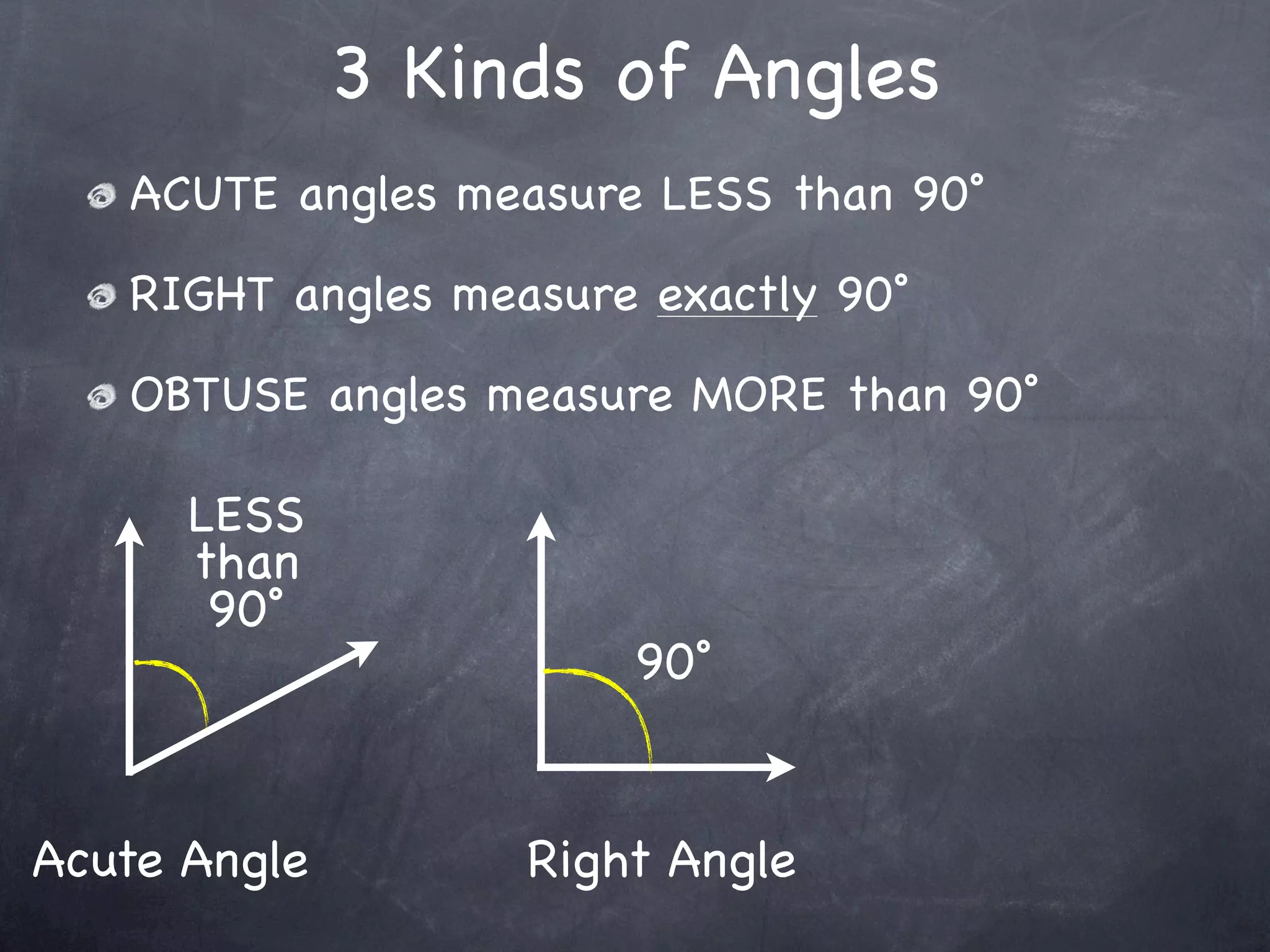 3 Kinds of Angles
   ACUTE angles measure LESS than 90˚

   RIGHT angles measure exactly 90˚

   OBTUSE angles measure MORE than 90˚

      LESS
      than
       90˚
                       90˚


Acute Angle        Right Angle
 