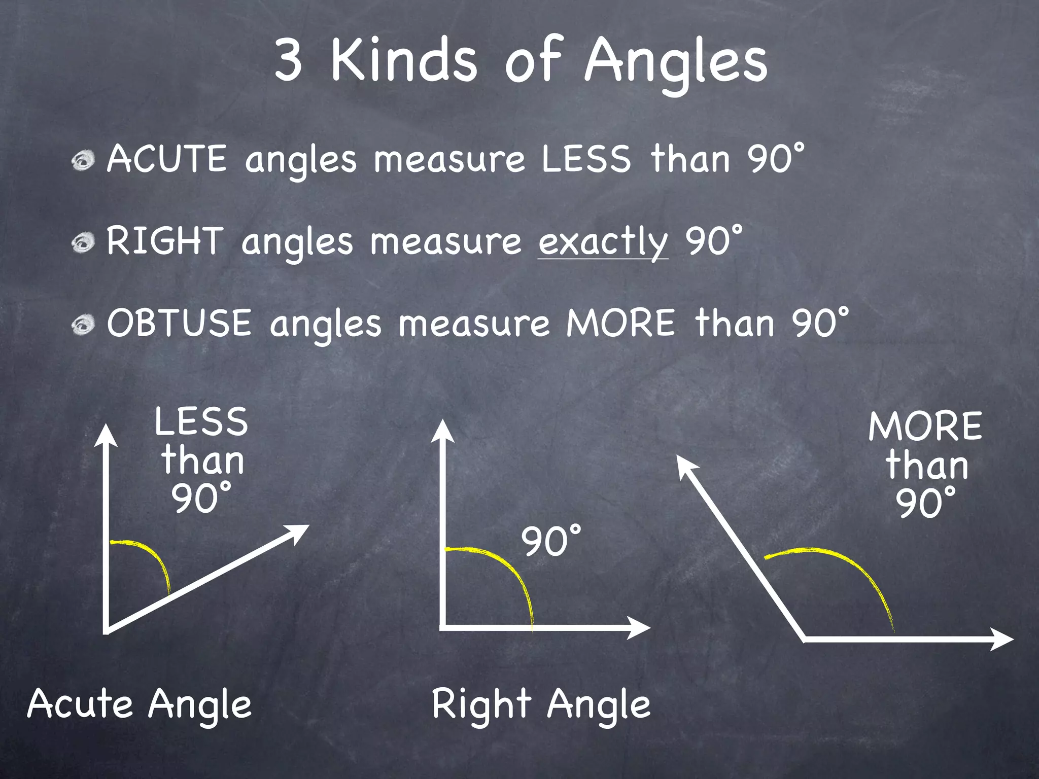 3 Kinds of Angles
   ACUTE angles measure LESS than 90˚

   RIGHT angles measure exactly 90˚

   OBTUSE angles measure MORE than 90˚

      LESS                               MORE
      than                               than
       90˚                                90˚
                       90˚


Acute Angle        Right Angle
 