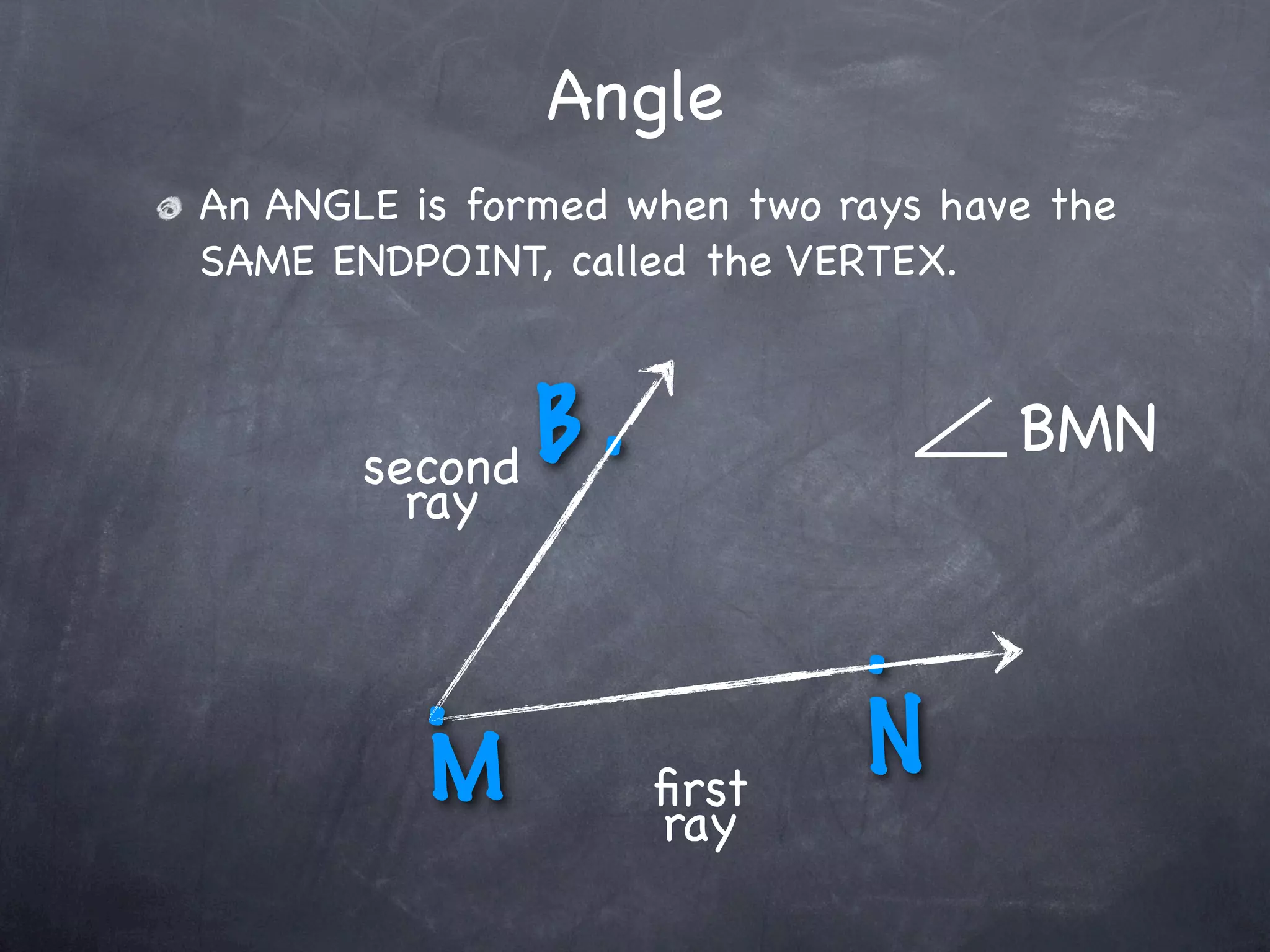 Angle
An ANGLE is formed when two rays have the
SAME ENDPOINT, called the VERTEX.



       second B.                    BMN
         ray


          .                  .
          M         ﬁrst
                             N
                    ray
 