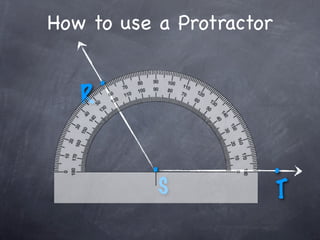 How to use a Protractor

       .
   R

           .              .
           S              T
 
