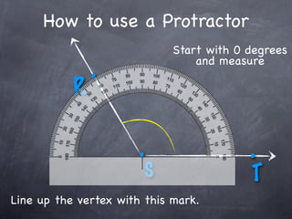 How to use a Protractor
                             Start with 0 degrees
                                 and measure
               .
           R

                       .                  .
                        S                 T
Line up the vertex with this mark.
 